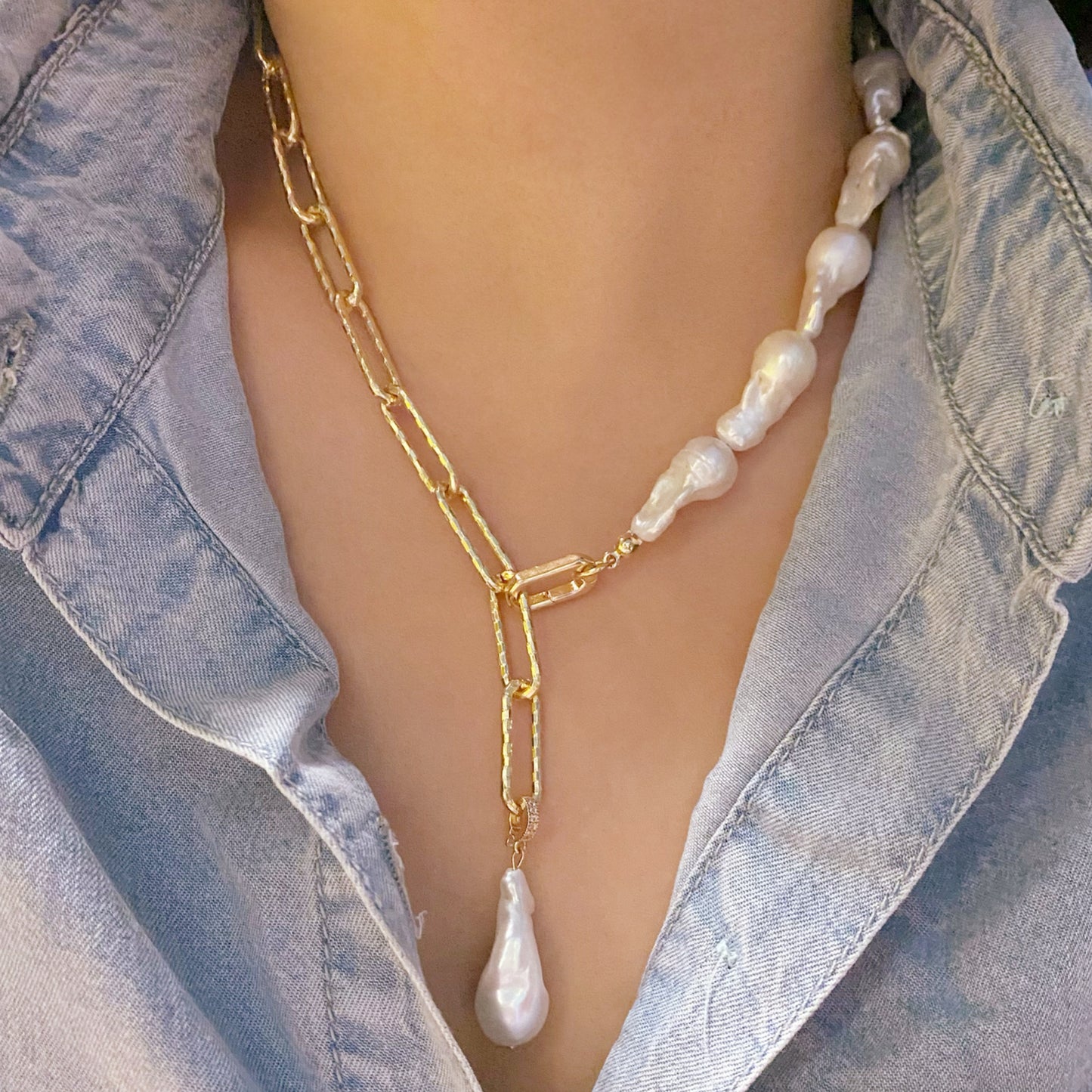3-Way Baroque Pearls and Chain Necklace