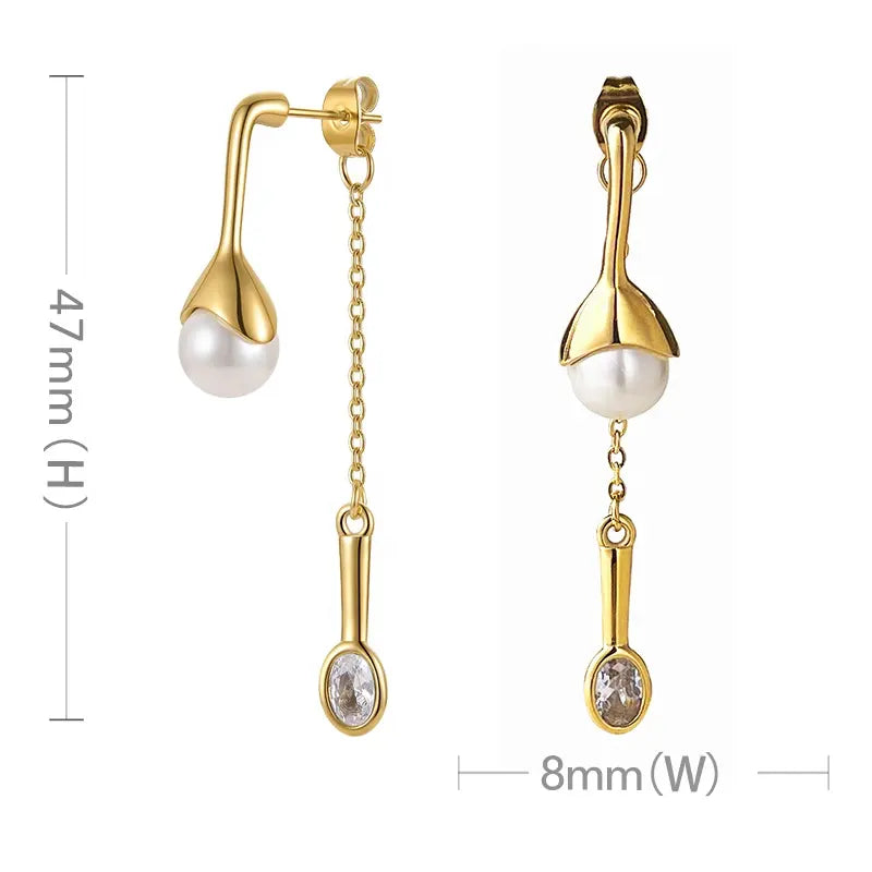 Geometric Pearl with Crystal Spoon Earrings