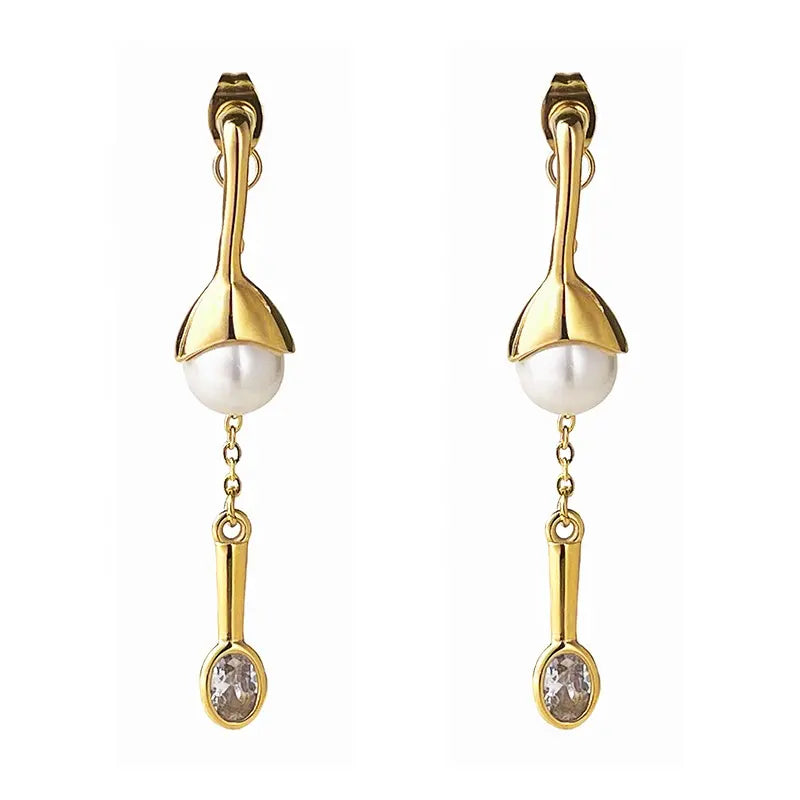 Geometric Pearl with Crystal Spoon Earrings